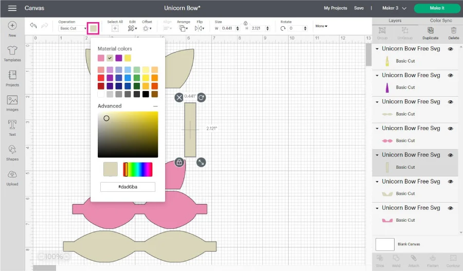 change hair bow colors in Cricut Design Space