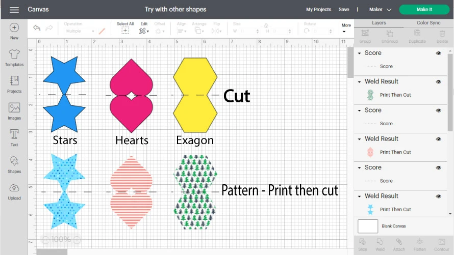 Screenshot of different shapes to use to make a card and also use patterns