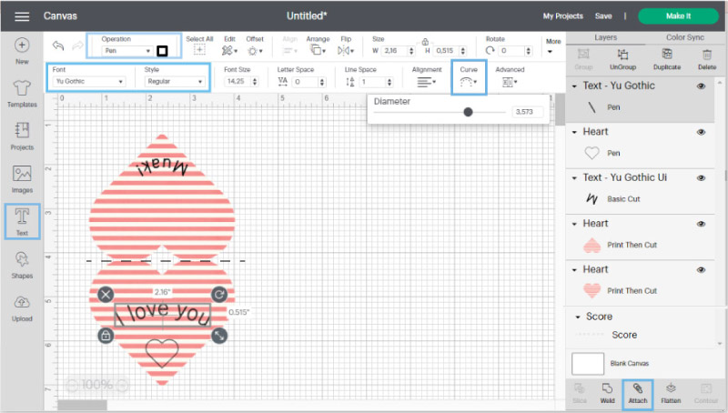 Screenshot of features used to make a heart shaped card in Cricut Designs Space