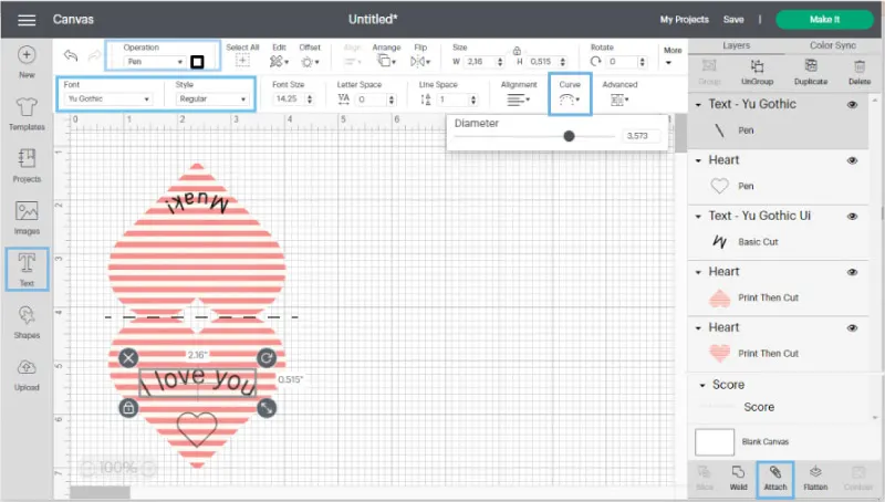 Screenshot of features used to make a heart shaped card in Cricut Designs Space