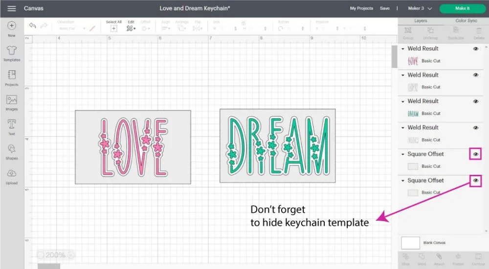love and dream keychains in cricut design space