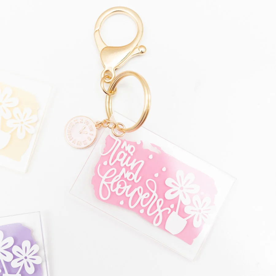 pink and gold acrylic keychain - no rain no flowers