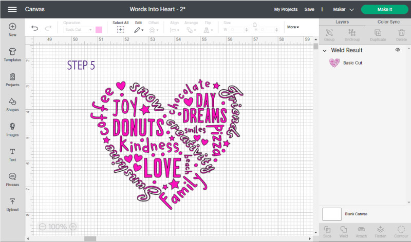 heart shaped design filled with meaningful words in Cricut Design Space.