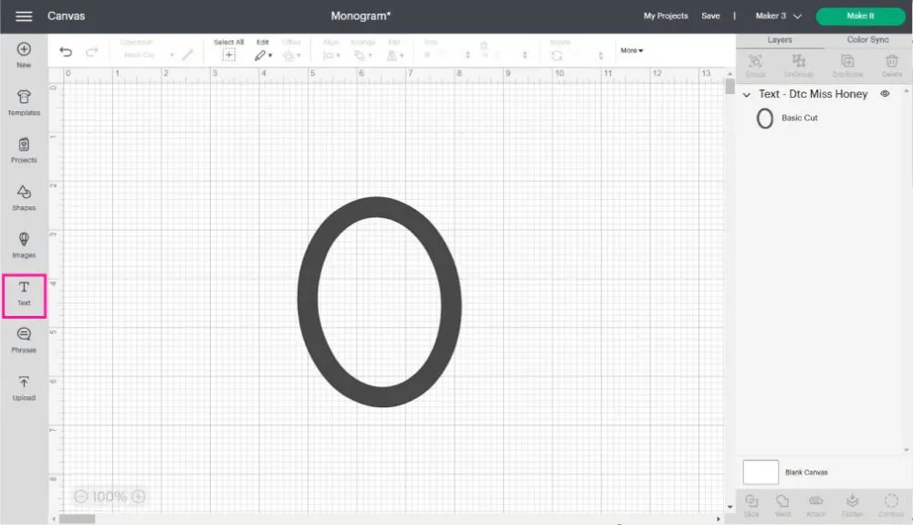 typing letter O in Cricut Design Space