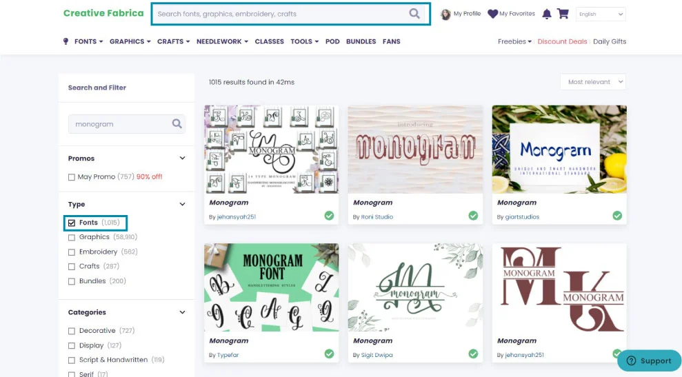searching for monogram fonts in creativefabrica.com