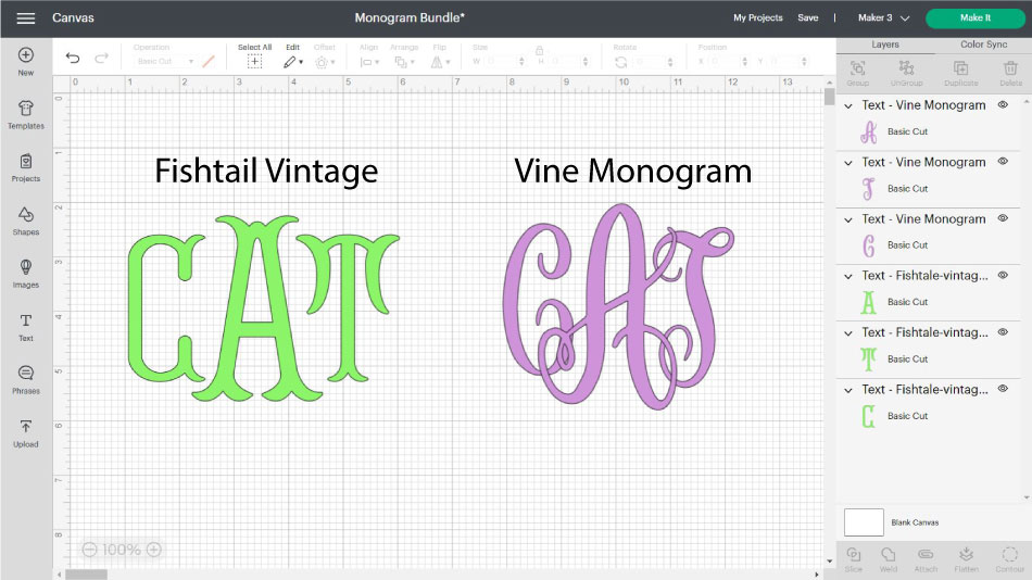 fishtail and vine monogram font in cricut design space.