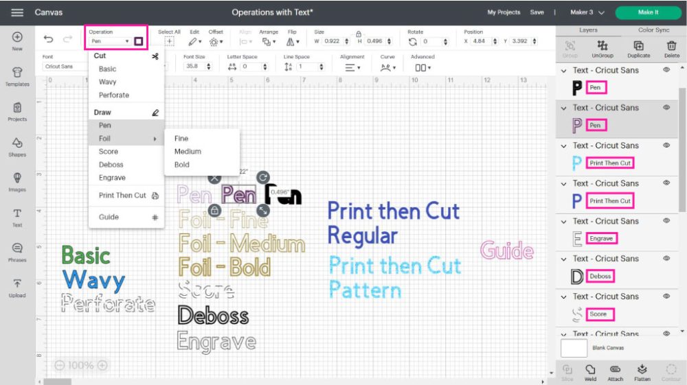 Using all operations in cricut design space with text.