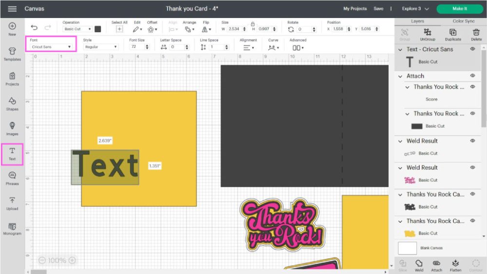 adding text to thank you card in design space