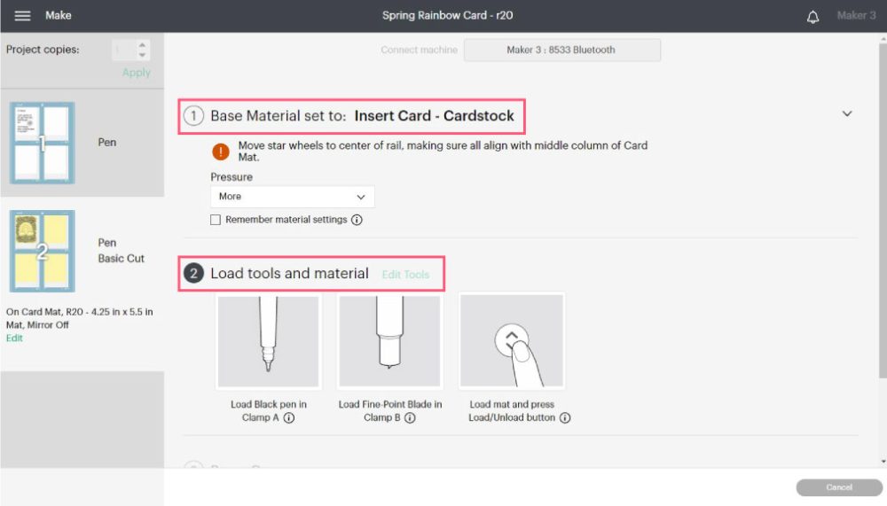 select insert cardstock in cricut design space.