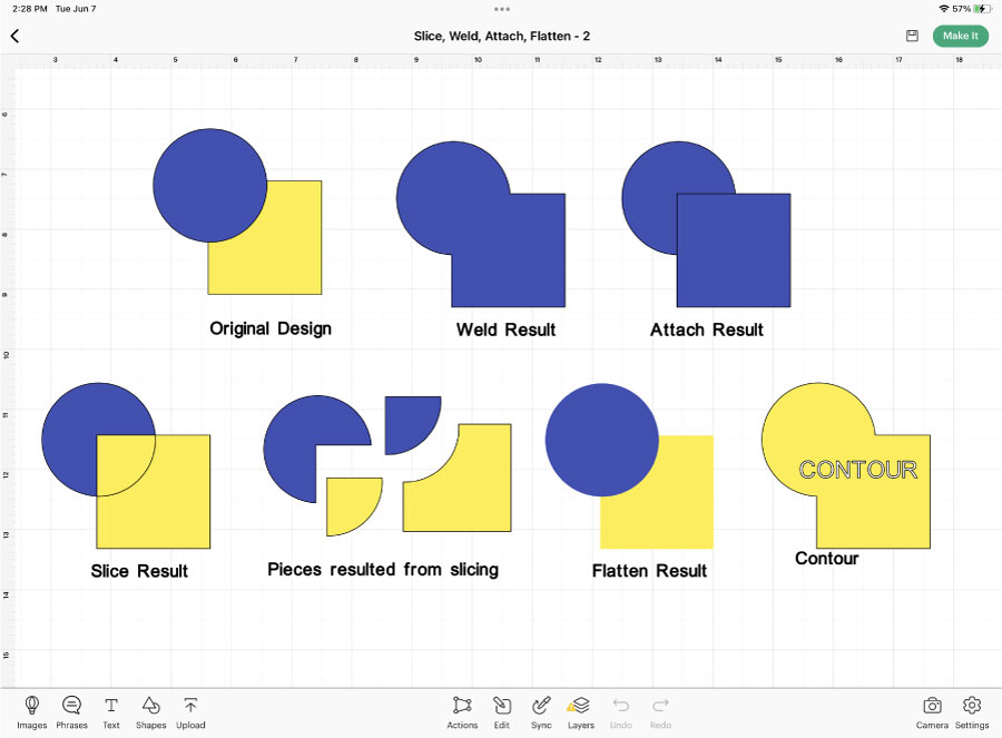 Cricut Slice, Weld, Attach, Flatten Info-Graphic for cricut design space app