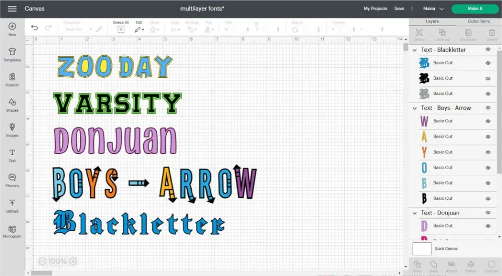 Multi-layer fonts in Cricut Design Space