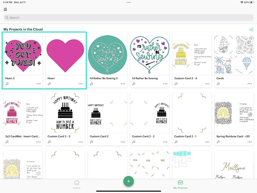Checking all of the projects in the cloud in Cricut Design Space App