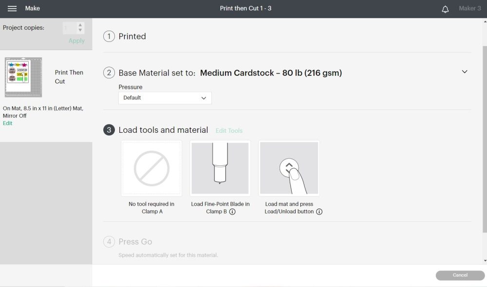 Screenshot to select material, install blade, and go in Cricut Design Space