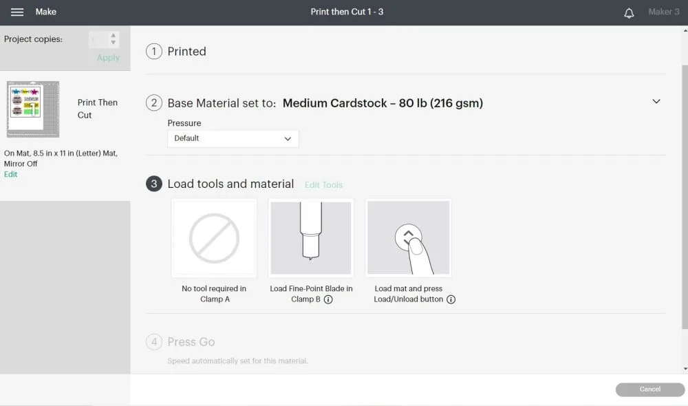 Screenshot to select material, install blade, and go in Cricut Design Space