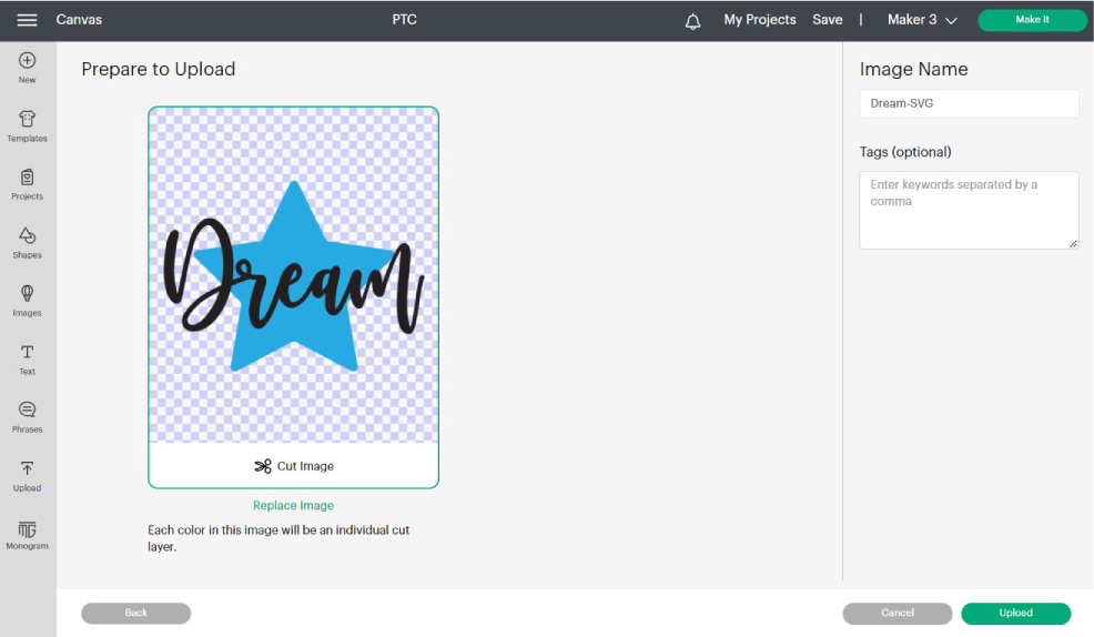 How a SVG Image looks when uploaded to Cricut Design Space