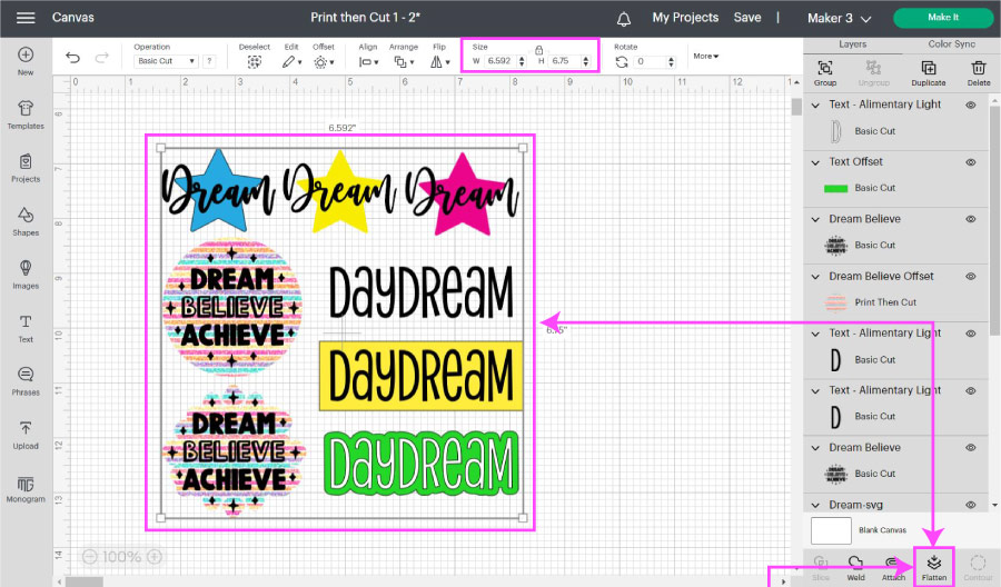 Flatten all elements you want to cut on Cricut Design Space before Printing and Cutting.