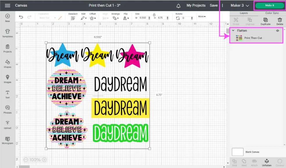 Flatten all elements you want to cut on Cricut Design Space before Printing and Cutting.