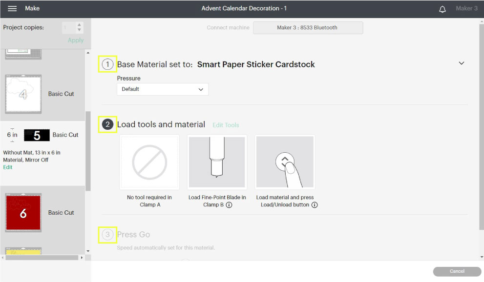 selecting smart paper sticker cardstock in design space
