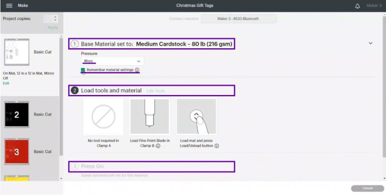 Choose the material and set pressure settings