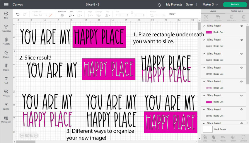 Using the slice tool to change colors and trim images in cricut design space.