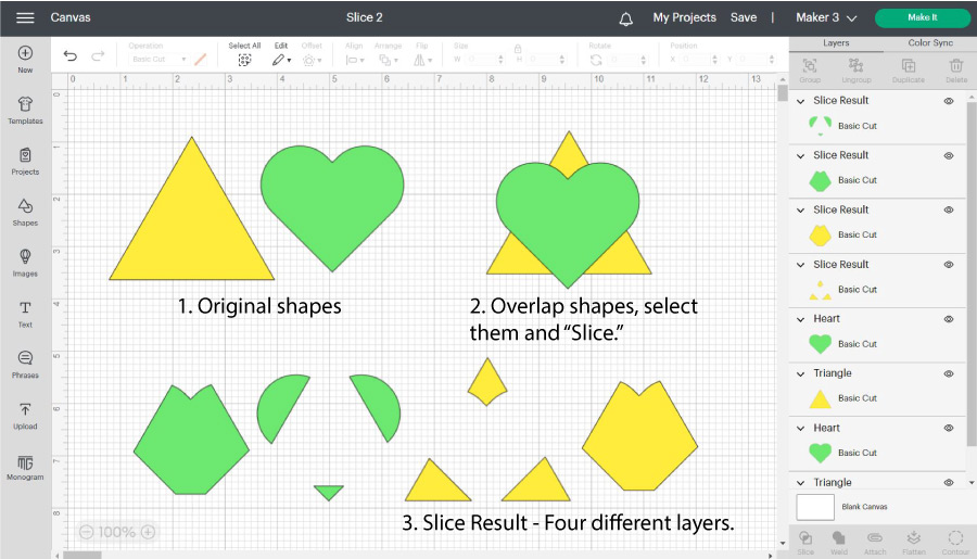 slice tool in design space with four different slice results