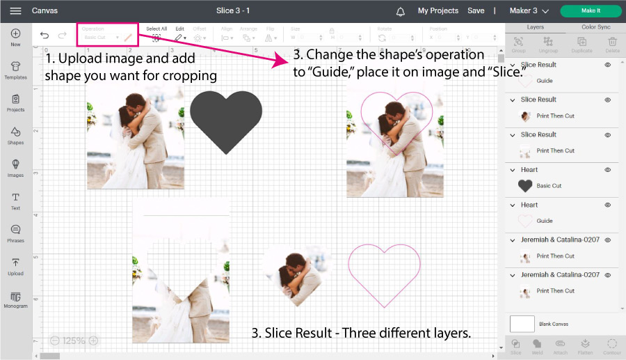 Screenshot of how to Crop Images inside Cricut Design Space with the Slice tool.