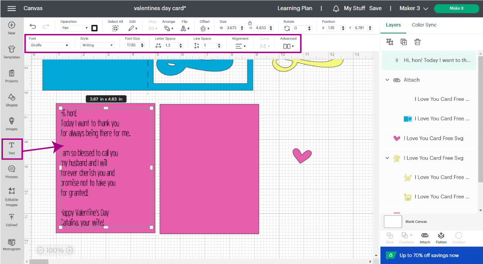 adding text to valentine's day card in design space