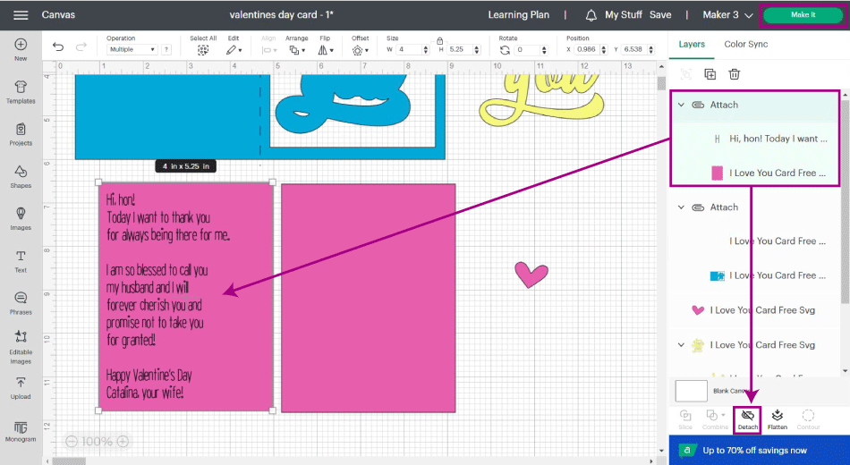 attaching text to valentine's day card in design space