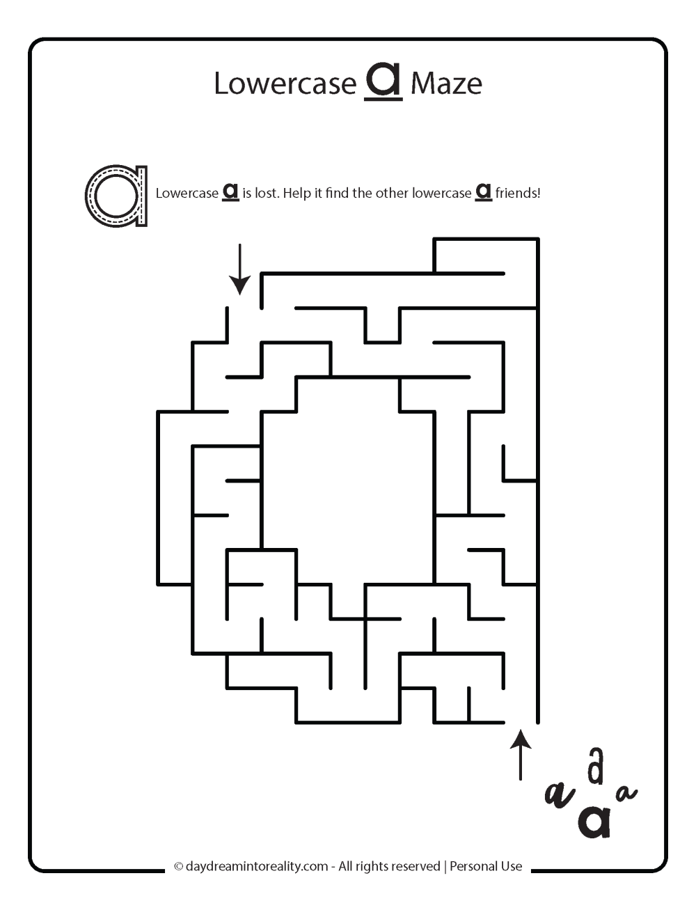kids maze shaped lowercase a free printable