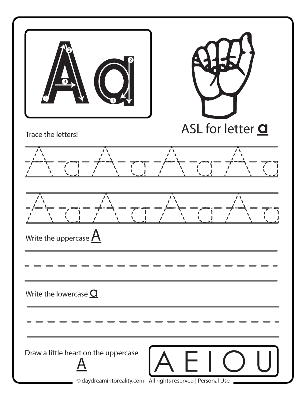 letter a worksheet - writing and letter formation. ASL for letter A.  free printable