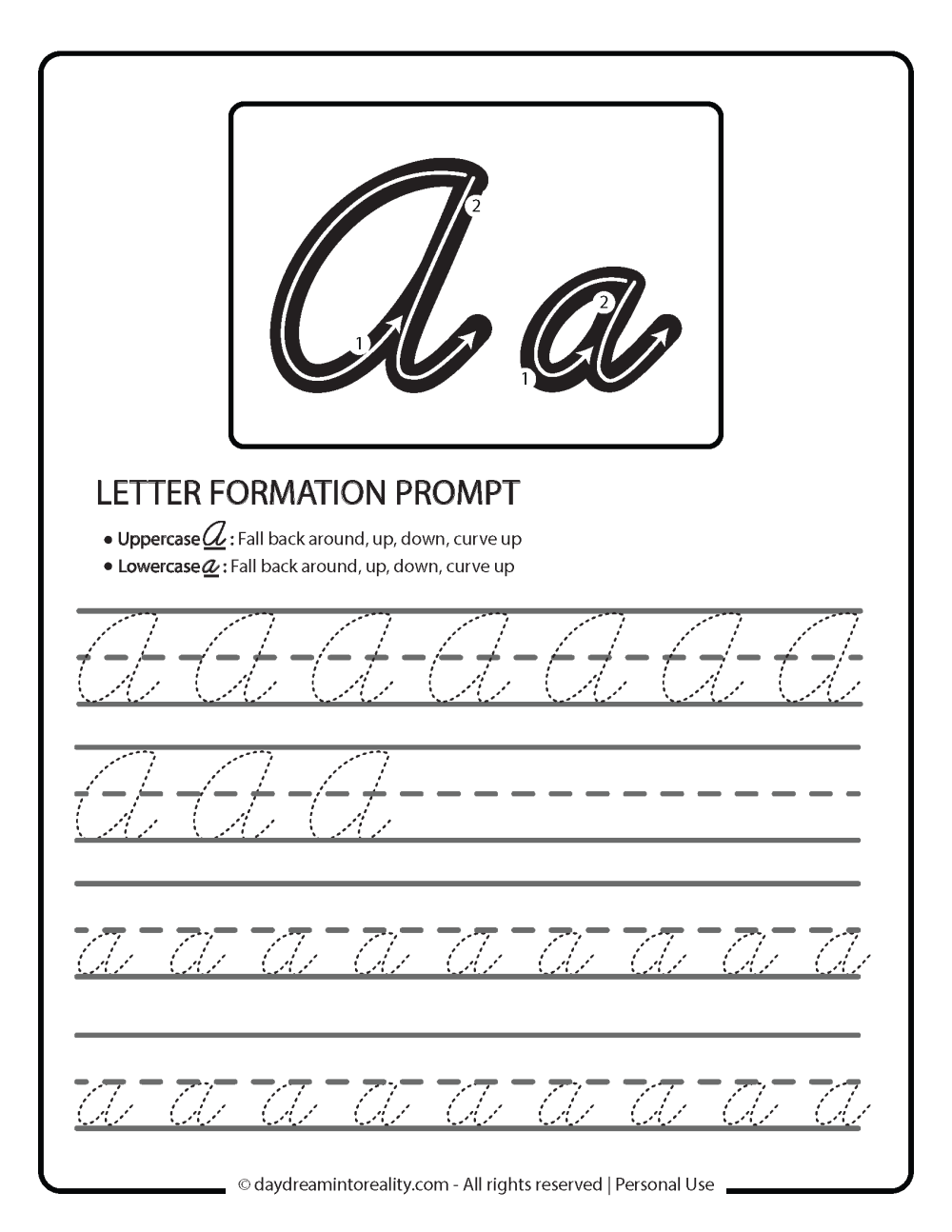 cursive a worksheet - writing and letter formation.  free printable