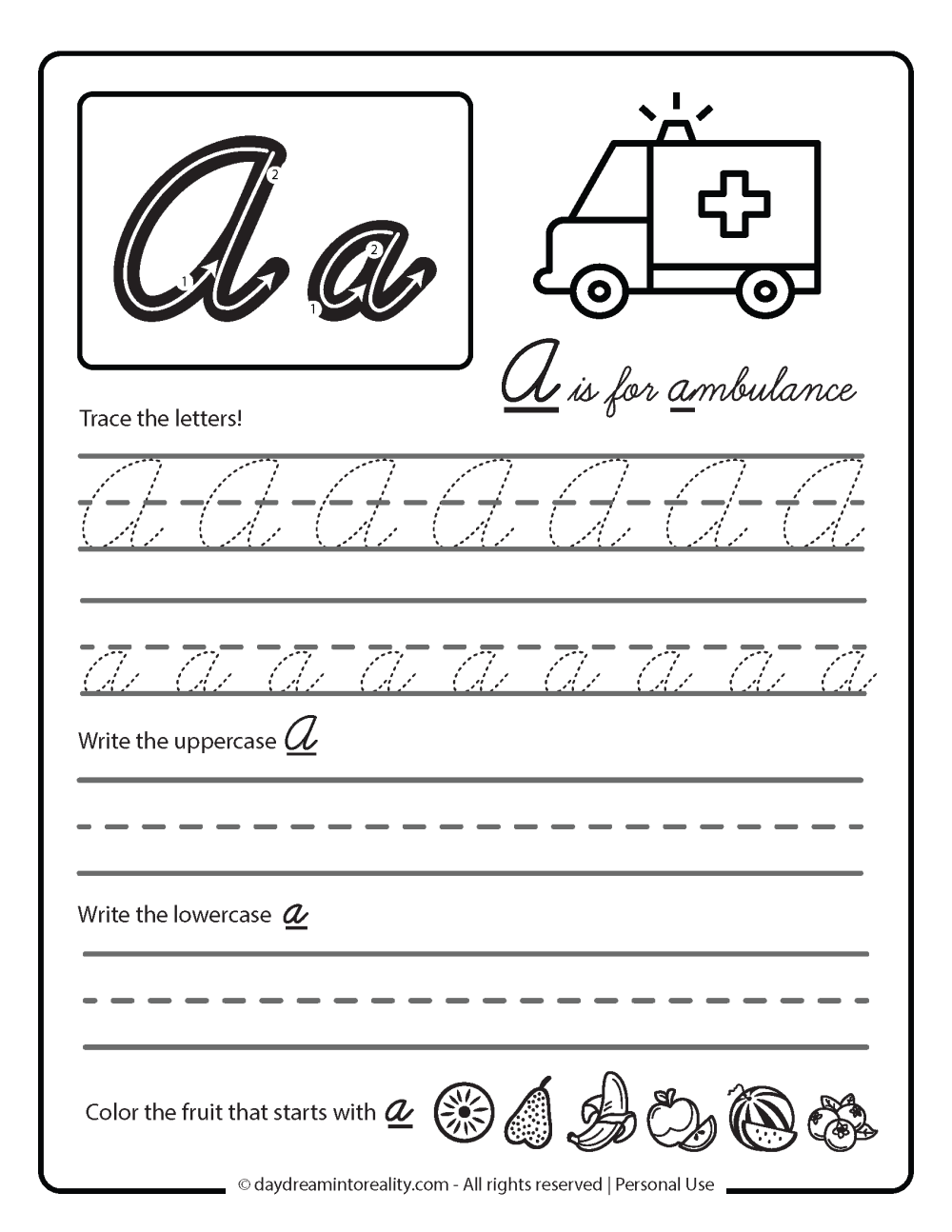 a is for ambulance. Cursive A letter formation worksheet free printable