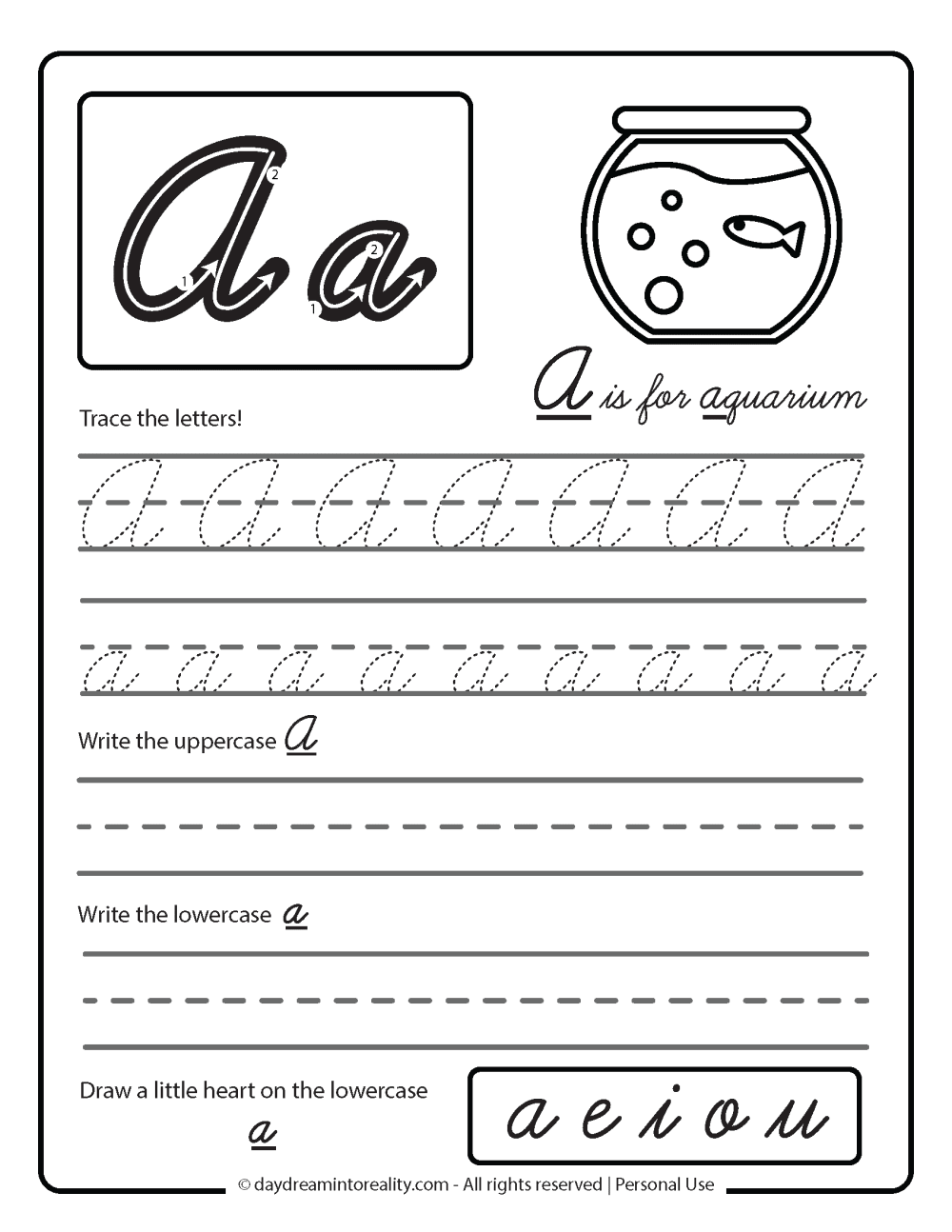 a is for aquarium. Cursive A letter formation worksheet free printable
