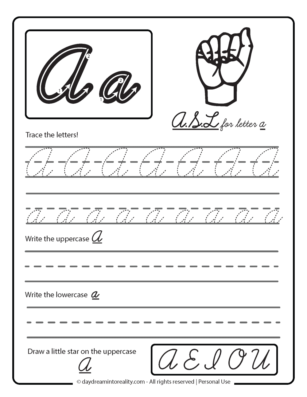 ASL for letter a. Cursive A letter formation worksheet free printable