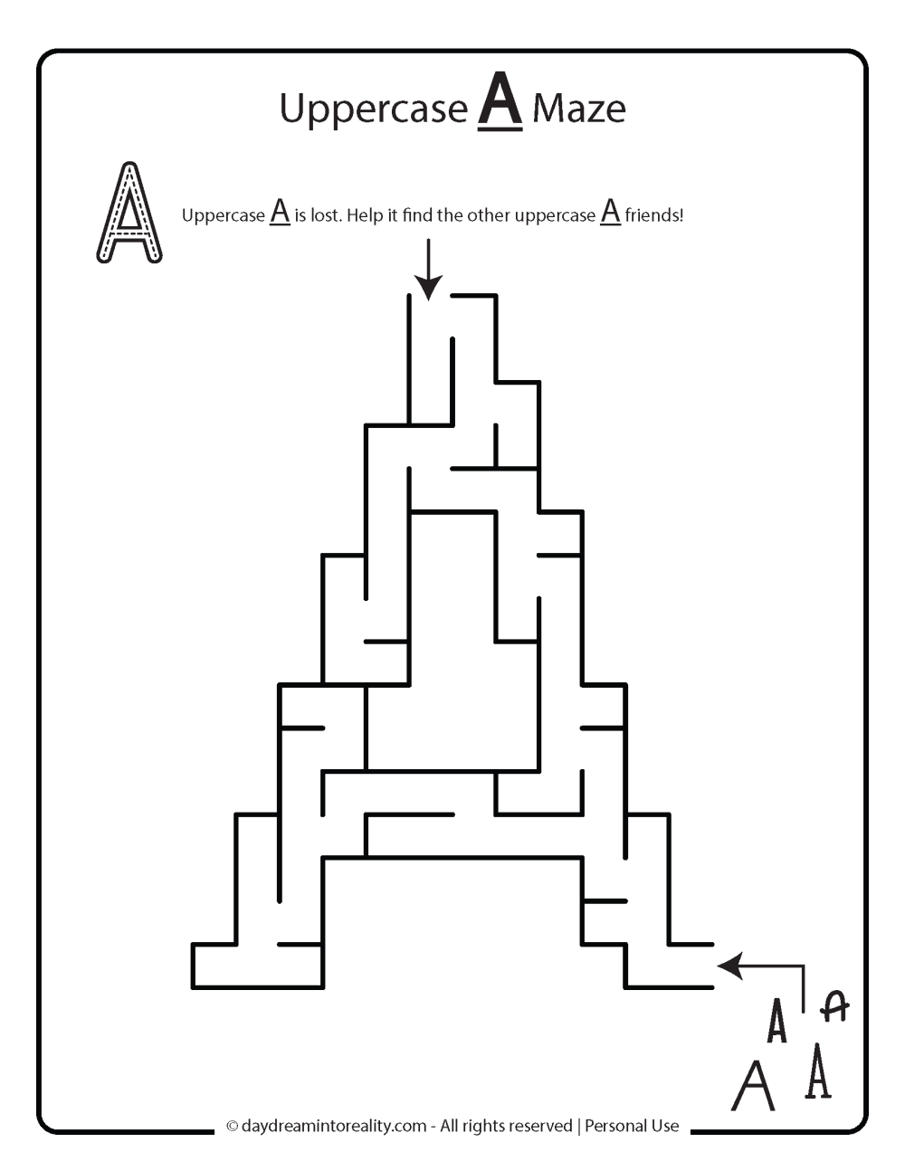kids maze shaped uppercase A free printable