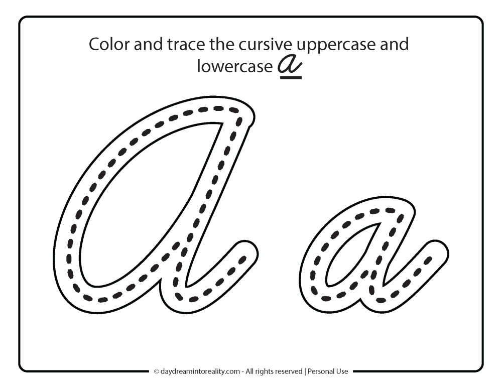 Cursive A letter formation worksheet trace and color