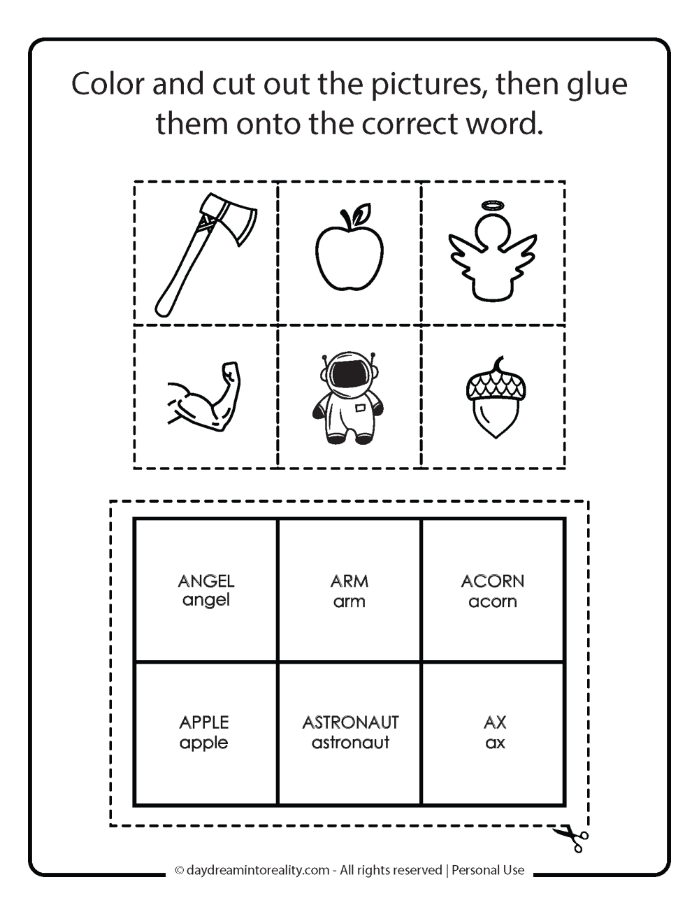 color, cut words that start with a on the right word. Memory game letter A free printable