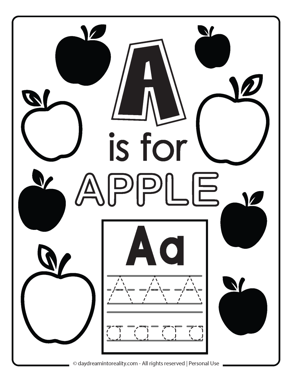 A is for apple coloring page free printable 