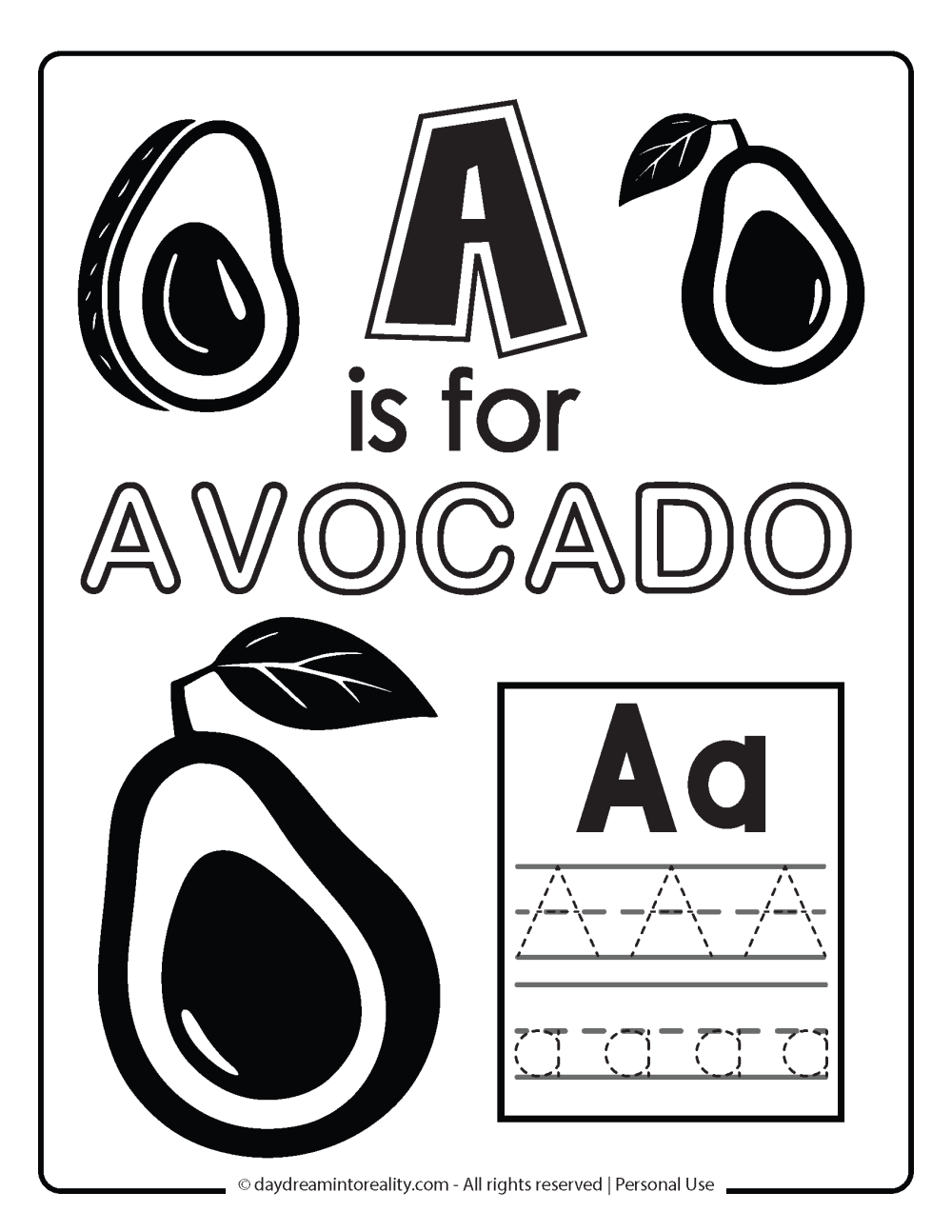 A is for avocado coloring page free printable 