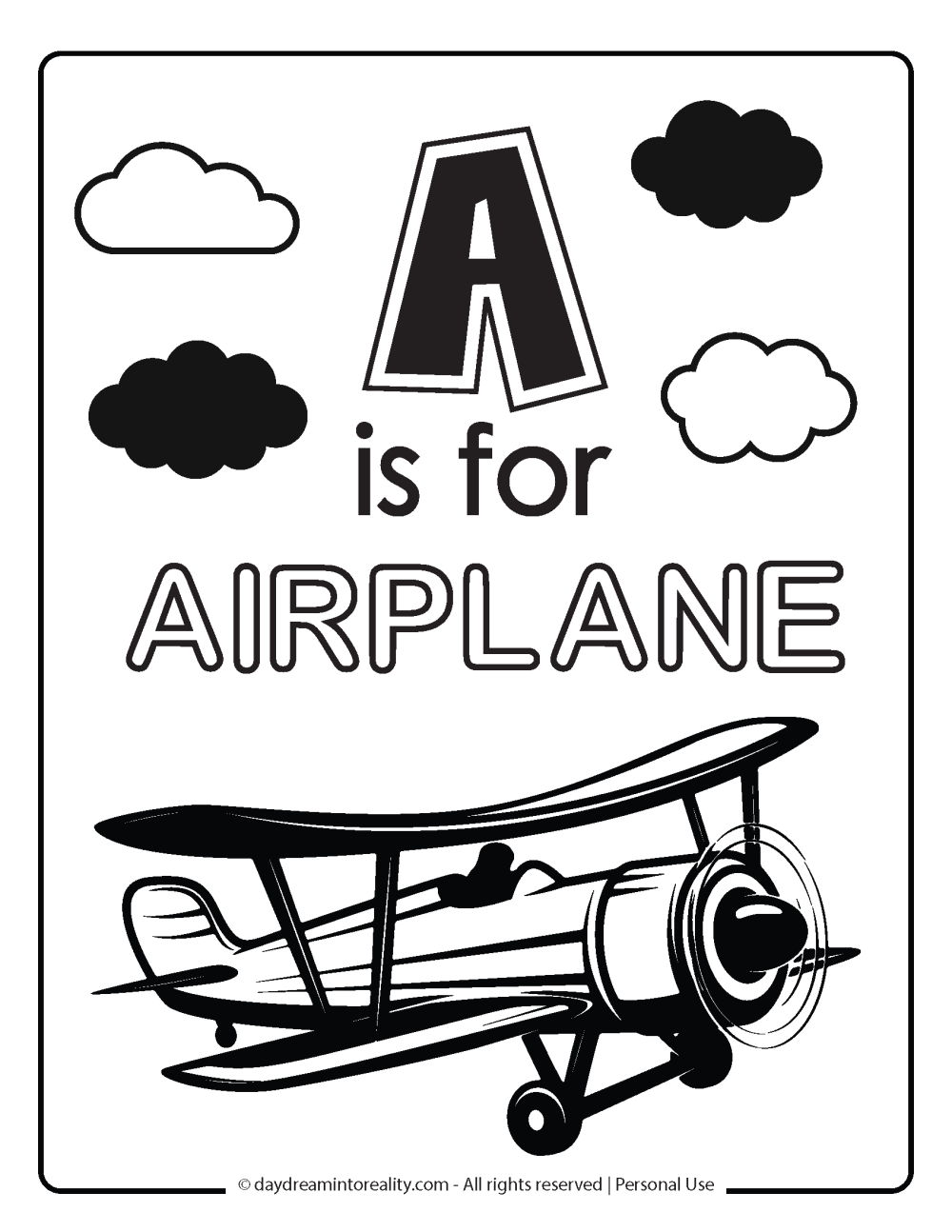 A is for airplane coloring page free printable 