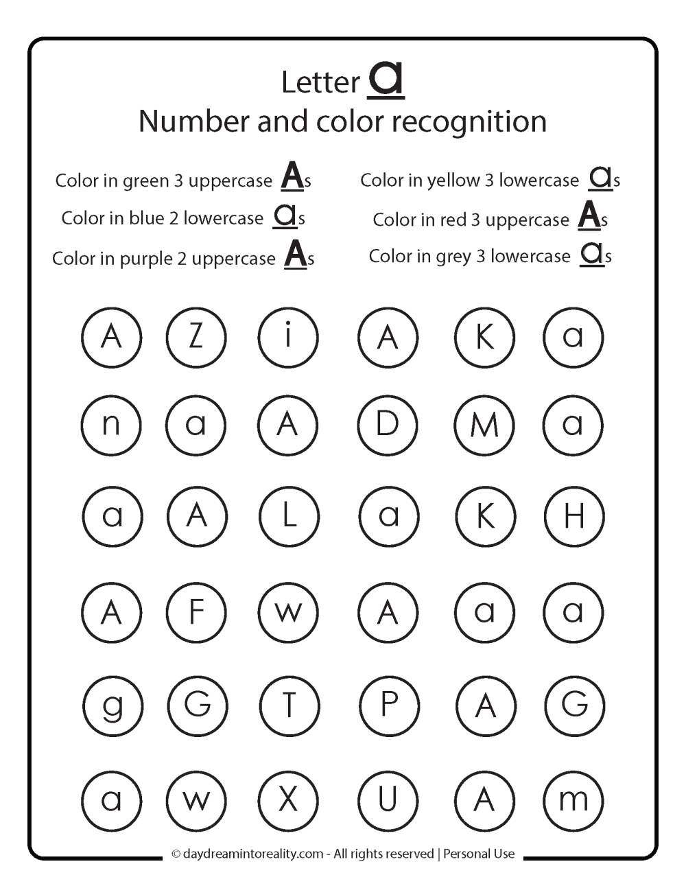 letter a number and color recognition free printable