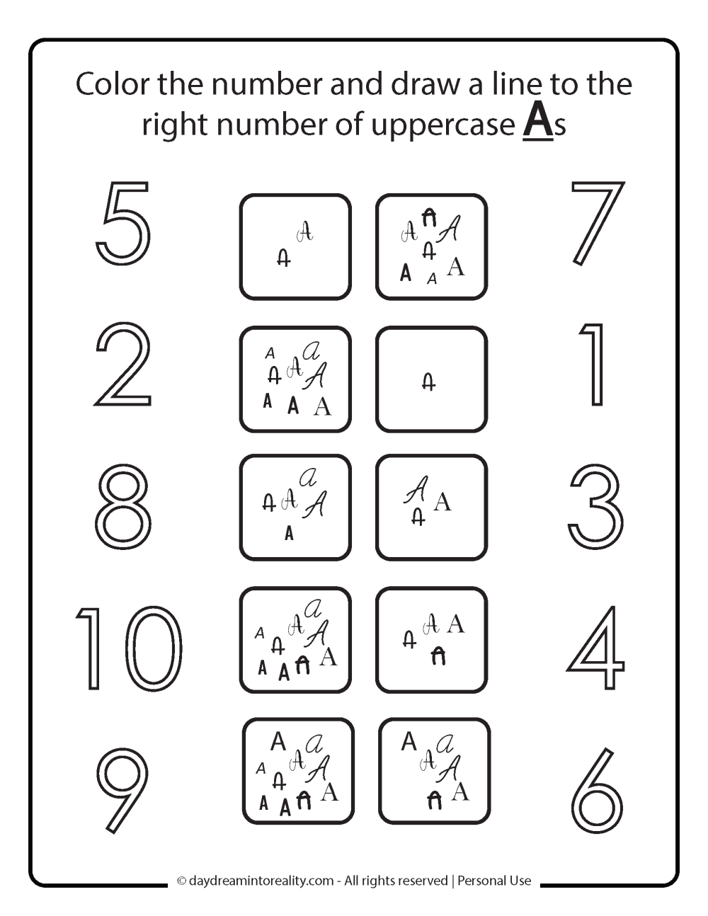 Match numbers with right amount uppercase a free printable