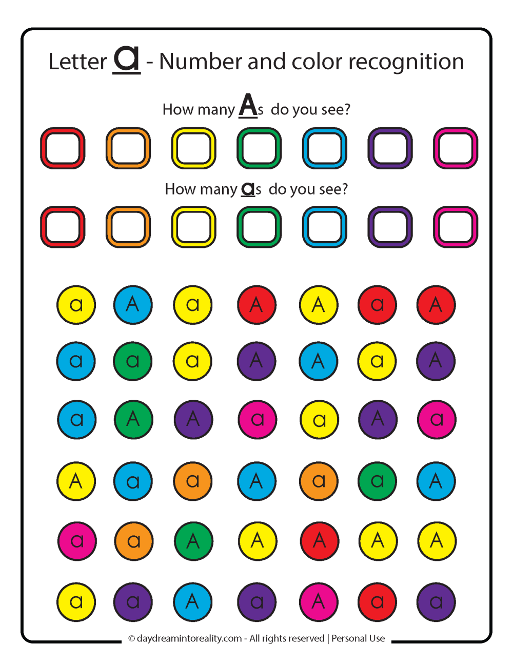 letter a number and color recognition free printable