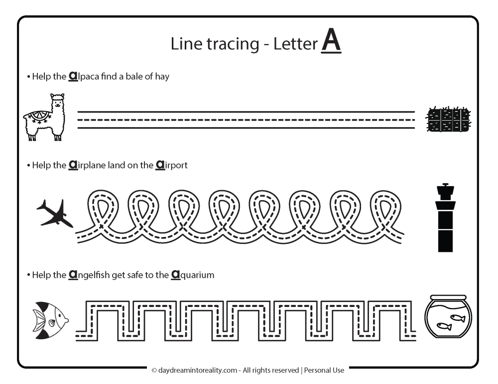 line tracing letter a worksheet free printable.