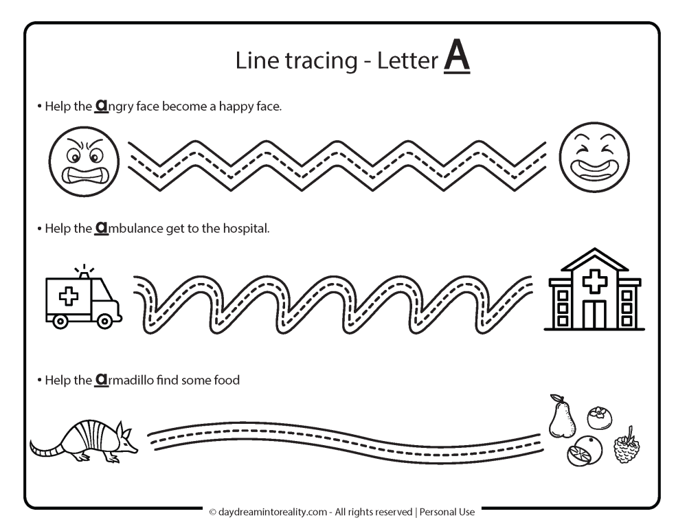 line tracing letter a worksheet free printable.
