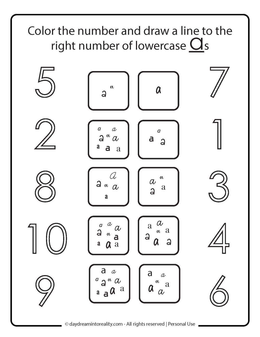 Match numbers with right amount lowercase a free printable