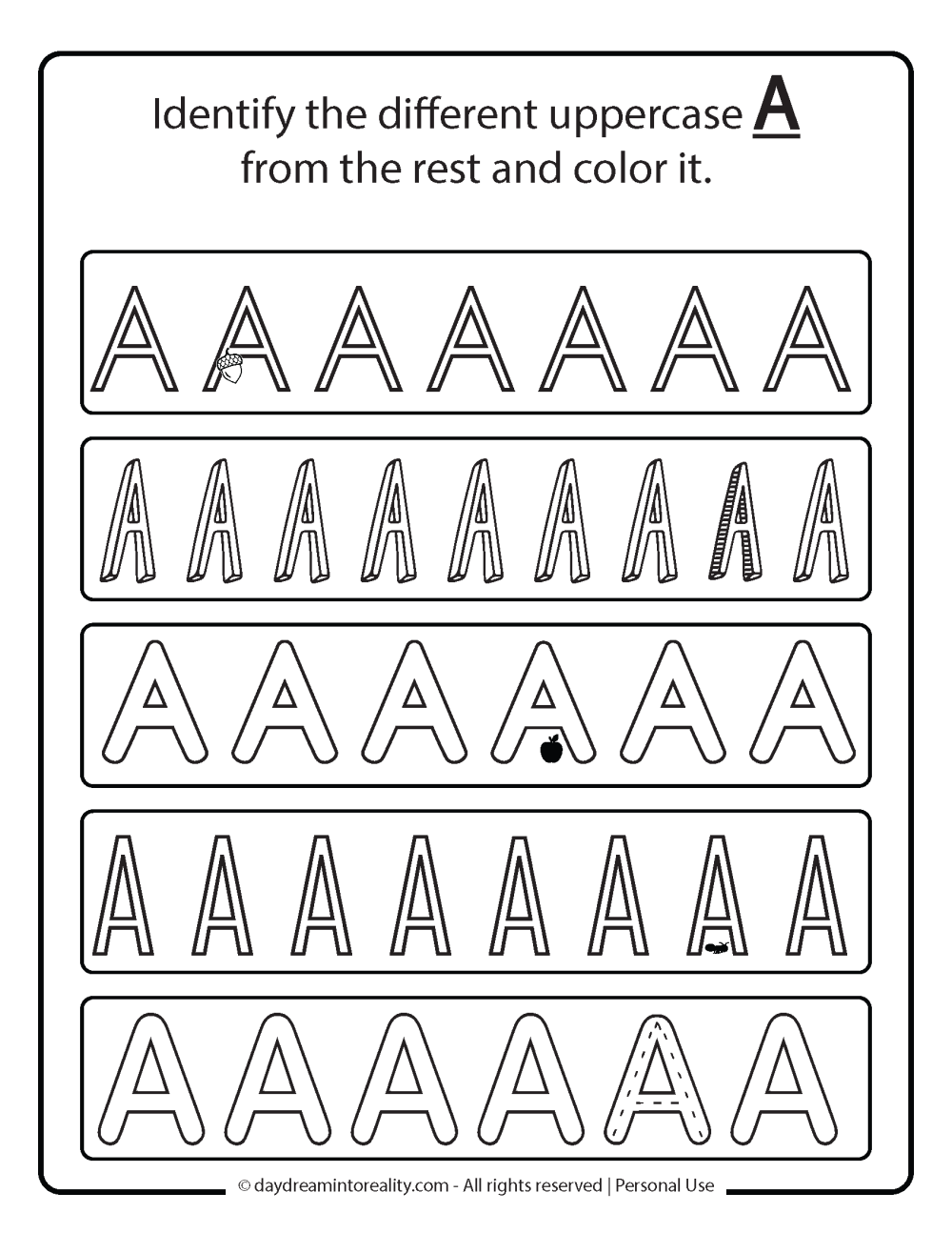 Identify different uppercase a letter worksheet free printable