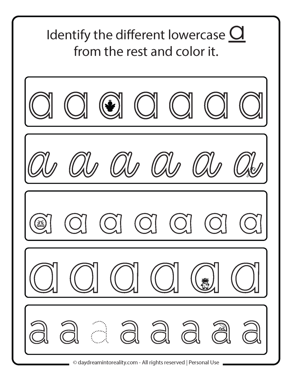 Identify different lowercase a letter worksheet free printable