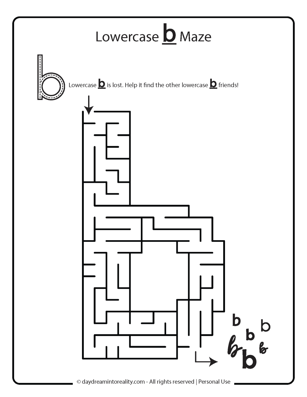 kid's maze shaped lowercase b free printable