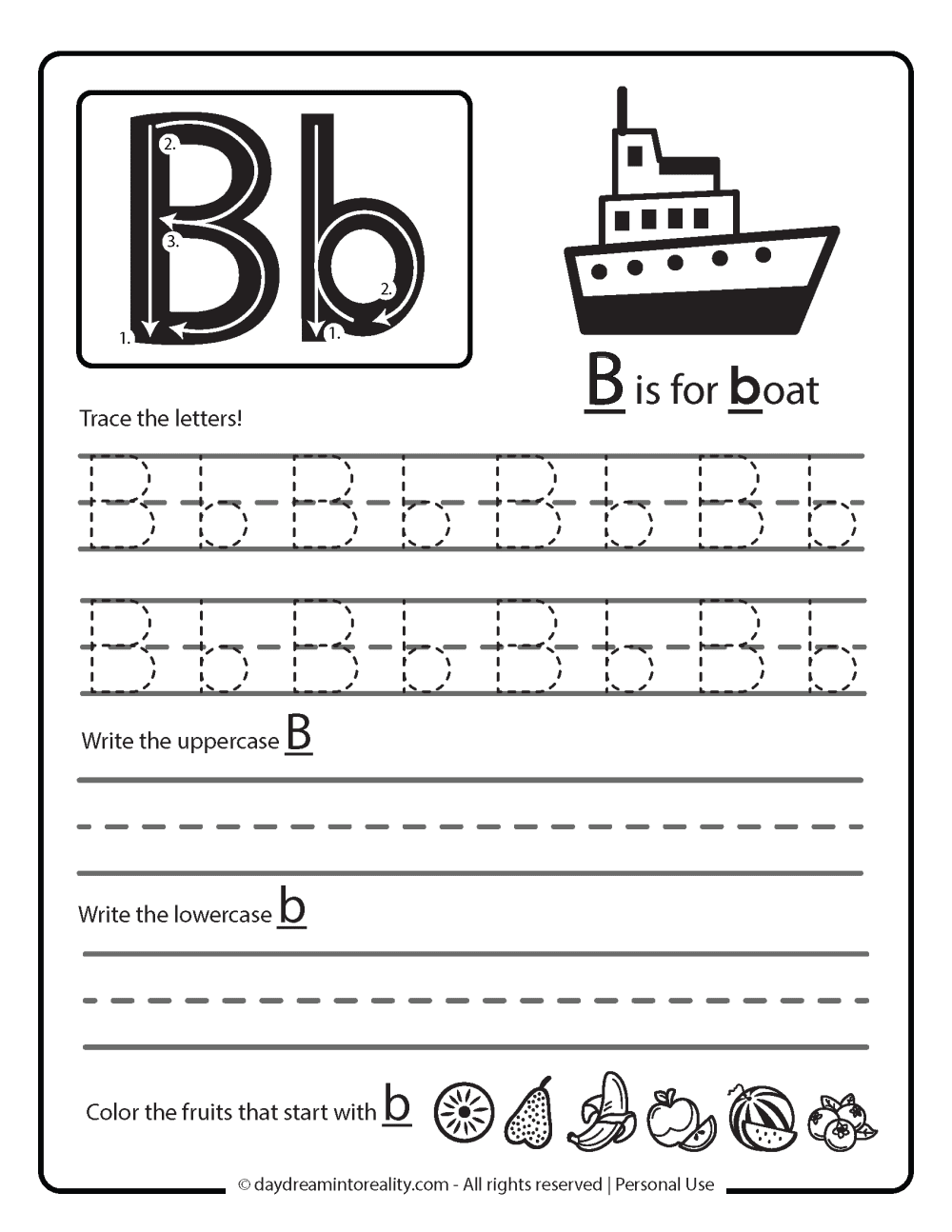 B is for boat. Letter b writing worksheet free printable